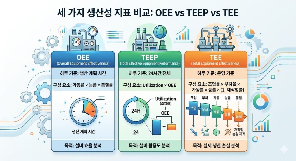 제조 생산성 비교: OEE, TEEP, TEE