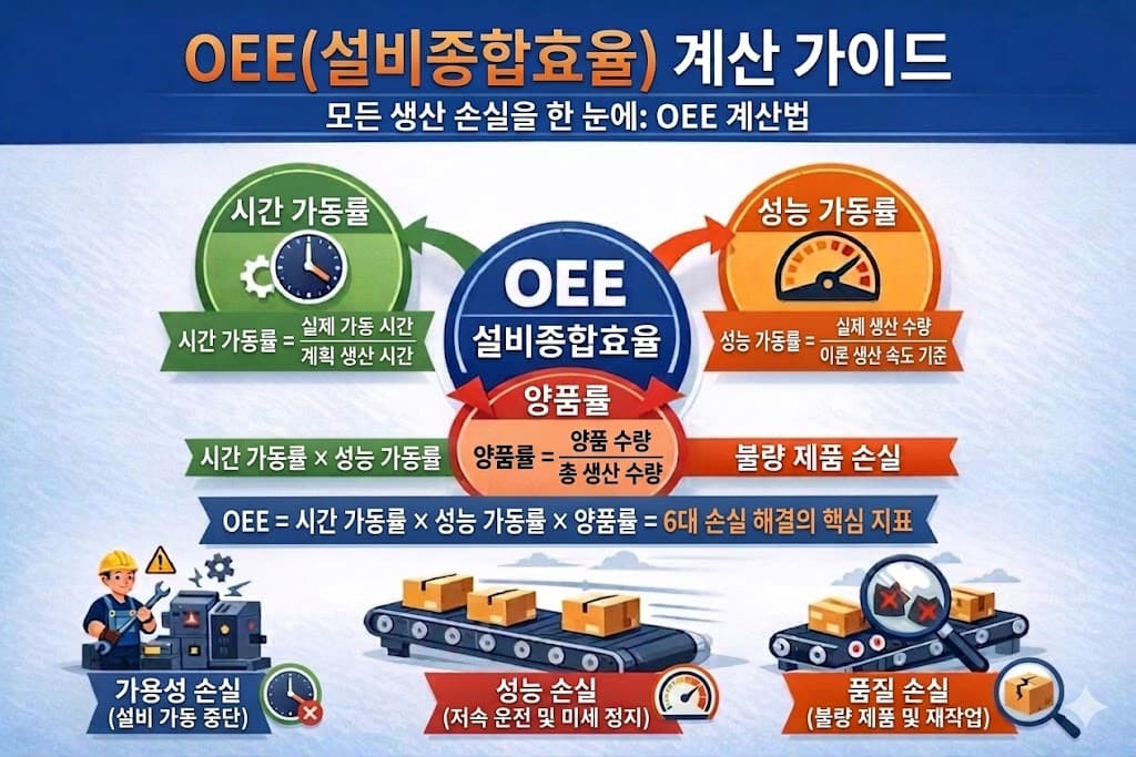 OEE 계산법: 시간 가동률, 성능 가동률, 양품률 개념 